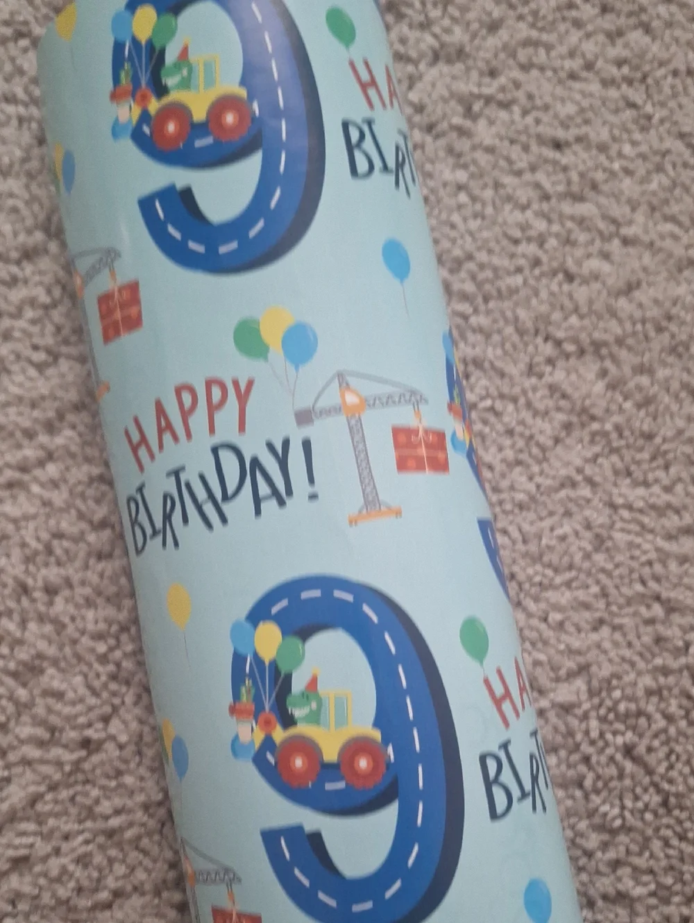 Happy Birthday Number 9 Blue Party Wrapping Paper with Silver 9 Balloon